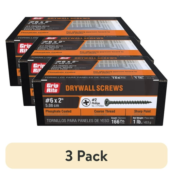 (3 pack) Grip-Rite #6 x 2 in. Phillips Bugle-Head Coarse Thread Sharp Point Drywall to Wood Screw 1 lb.