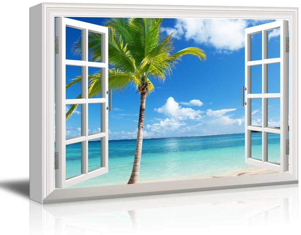 Print Window Frame Style Beautiful Scenery Landscape Palm Tree on