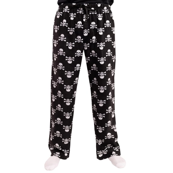 #followme Microfleece Mens Buffalo Plaid Pajama Pants with Pockets (Black Skull Crossbones, Medium)
