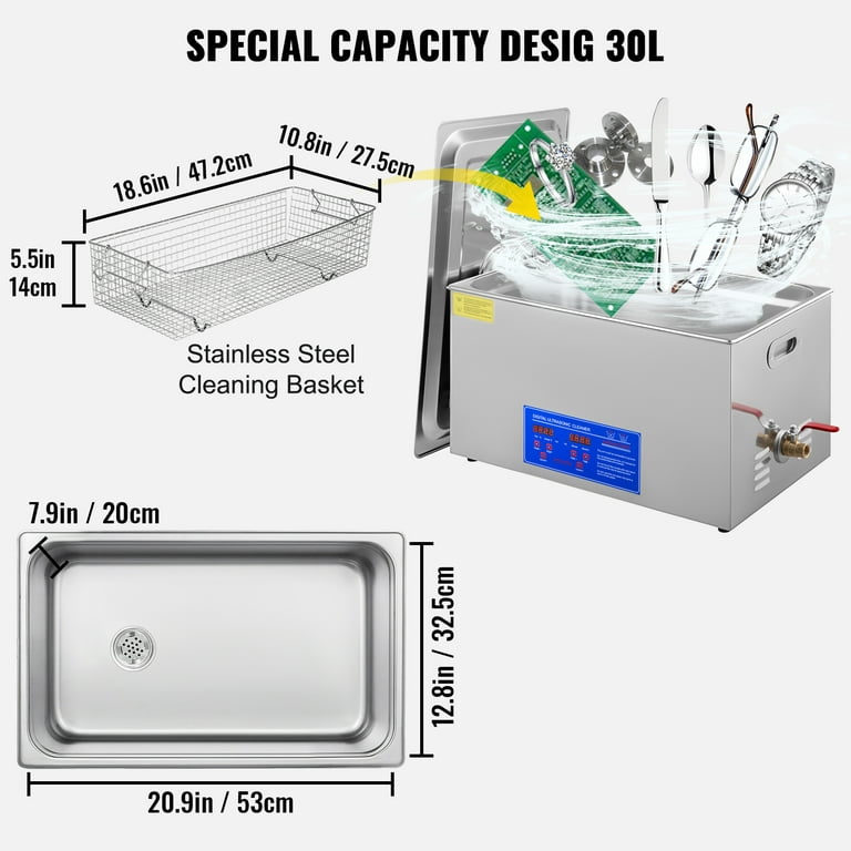 Ultrasonic Cleaner Heated Parts Cleaner 30L (1400 W, 10x60 W Transducers)  for Guns Carburetors Injectors Jewelry Dentures Large Capacity Use in