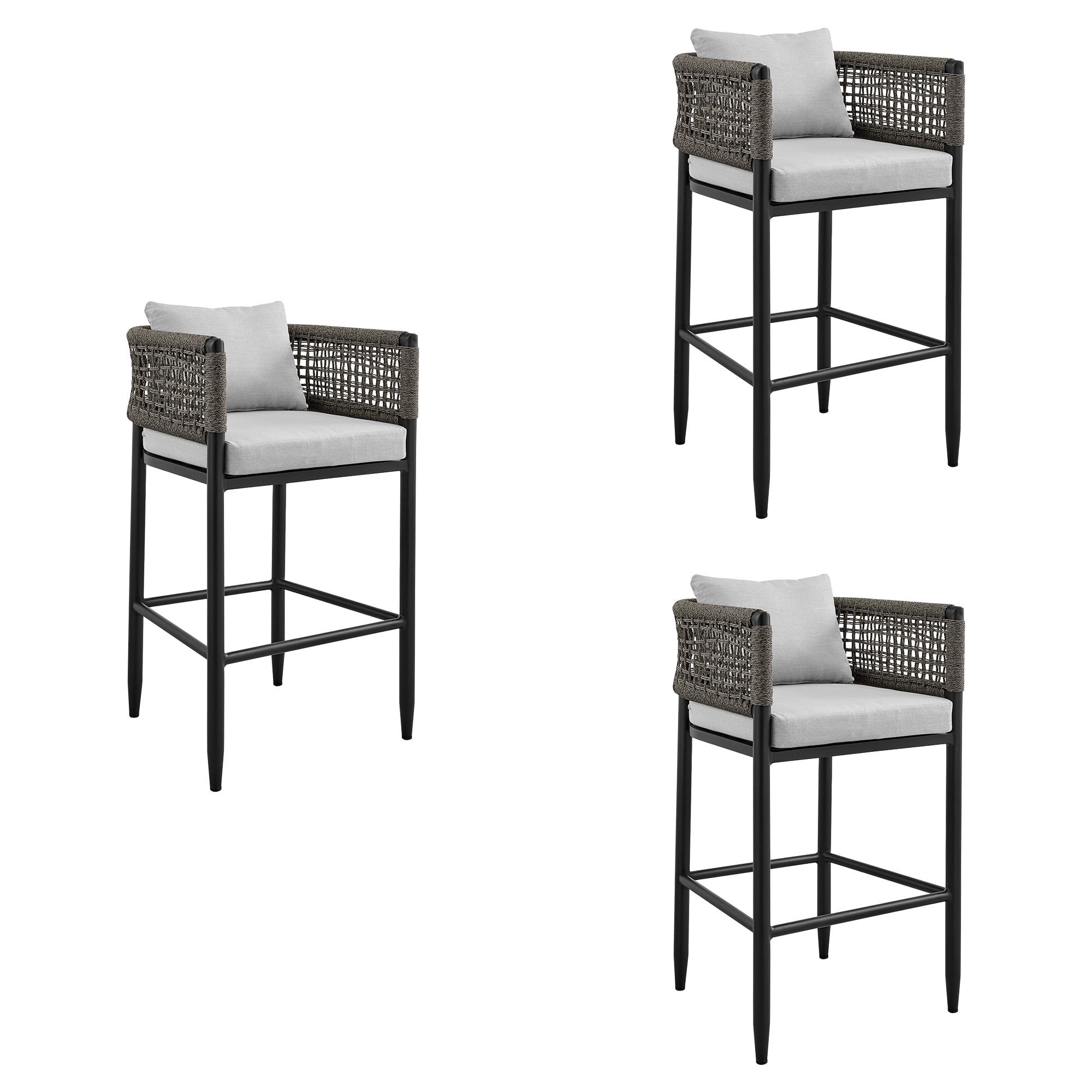 Alegria Outdoor Patio Counter Height Bar Stool in Aluminum with Gray Rope and Cushions - Set of 3