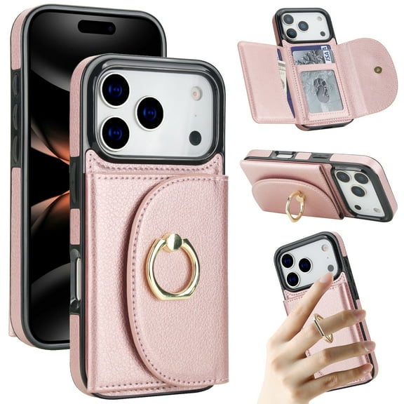 Kryonix for iPhone 17 Pro Max Case Wallet, 360 ° Rotation Ring Kickstand, RFID Blocking Card Slots Holder, Magnetic Clasp Flip PU Leather Fashion Shockproof Cover,Beige/Pink/Black