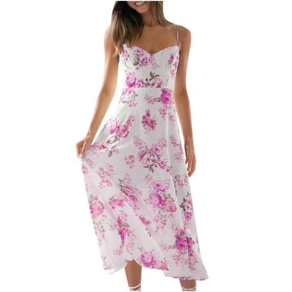 Holloyiver Summer Dresses for Women 2023 Trendy Elegant Sleeveless Floral Print Halter Strap Sexy V Neck Party Long Dress High Waist Sun Dresses Purple