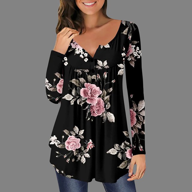 ICHUANYI Clearance Women Loose Casual Button Printed Large Long Sleeved Top(Black, M) ICHUANYI WER2023081513221