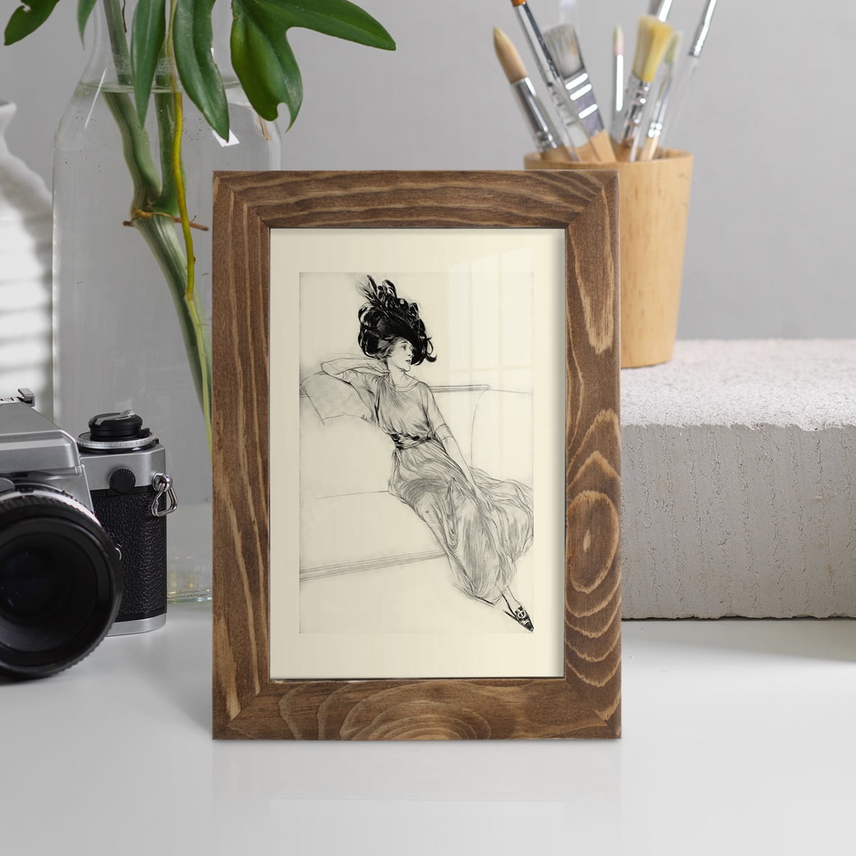 Feather Hat I -Framed Print w/glass-Walnut