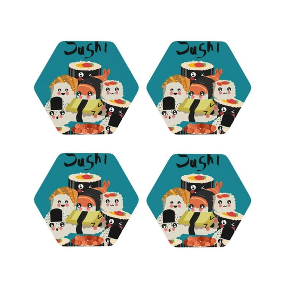 Vsdgher I Love Sushi Print Leather Coasters for Drinks, Durable Drink Coasters 4 Set for Tabletop Protection, Luxurious Home Décor and Housewarming Gift-Hexagon