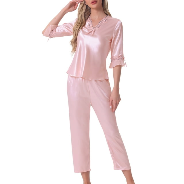 Conjunto de pijama de satén para mujer INSPIRE CHIC, camisa de media manga de seda con pantalones largos, ropa de descanso suave, color rosa