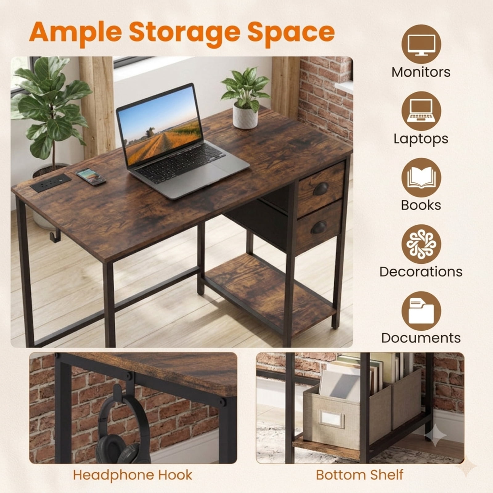 Furnibear Computer Desk Small Home Office Desk with Charging Station and 2 Fabric Drawers for Small Spaces Study, Rustic Brown