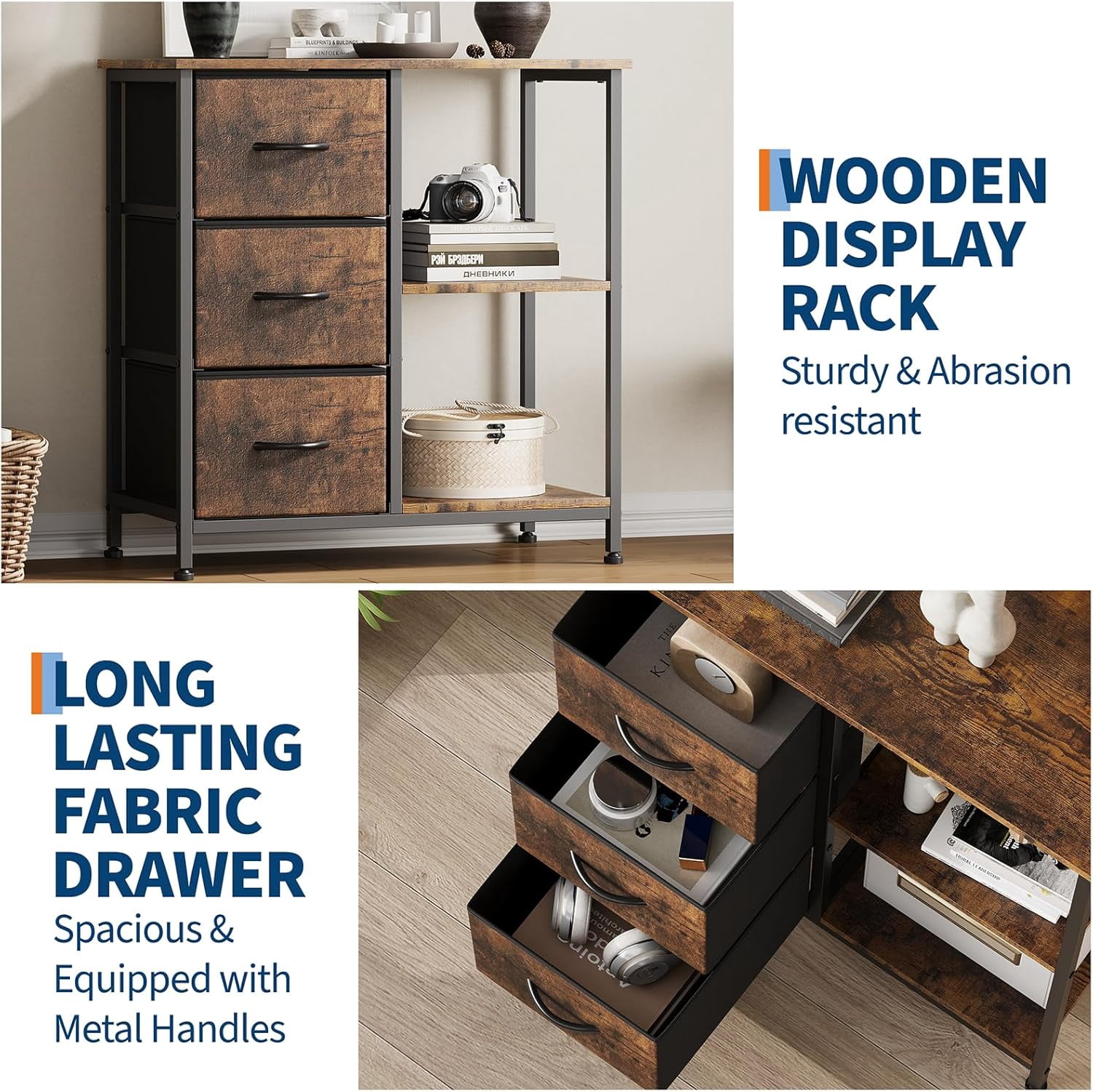 3 Drawer File Cabinet, Printer Stand with 2 Open Storage Shelves, Fabric Filing Cabinet Under Desk Office Organizer for Home Office, Modern Storage Solution, Rustic Brown