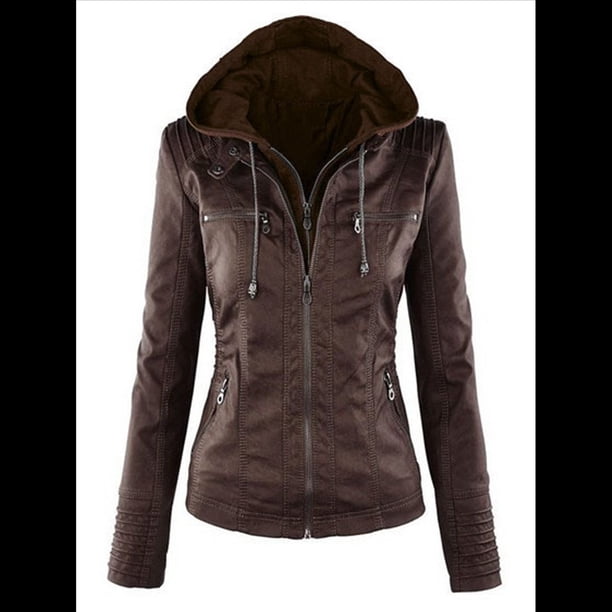 Chaqueta de Motociclista de con Capucha Desmontable y Mangas Largas, Acolchada, Ajustada y con Cremallera para Mujer Café M