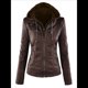 thumbnail image 1 of Chaqueta de Motociclista de con Capucha Desmontable y Mangas Largas, Acolchada, Ajustada y con Cremallera para Mujer Café M, 1 of 8