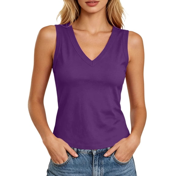 idosla Women's Tank Tops Teen Girl Loose Fit V Neck Summer UPF 50 Flowy Curved Hem Basic Casual Sleeveless Tops (Purple, M)