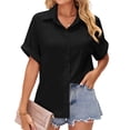 thumbnail image 1 of Camisa de manga corta para mujer, puño enrollado, cuello vuelto, cierre de botón de Color puro, blusa de satén de verano, 1 of 6