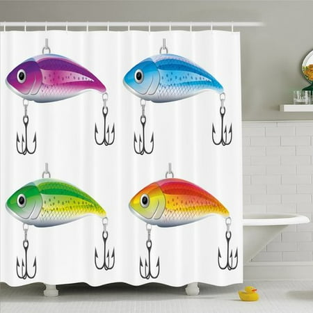 Trout Trap - Fishing Decor Shower Curtain, Collection of Fishing Lures in Trout Shape Trap for Sea Mammals Creatures Picture, Fabric Bathroom Set with Hooks, 69W X 75L Inches Long, Multi, by Ambesonne