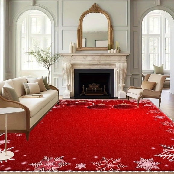 1PC Snowflake & Christmas Ball Red Area Carpet Local Carpet, Lightweight Washable Easy-to-Tidy Carpet Mat Festival Gift, Suitable for Living Room, Bedroom, Office, Dining Room, Bathroom, Room Accesso