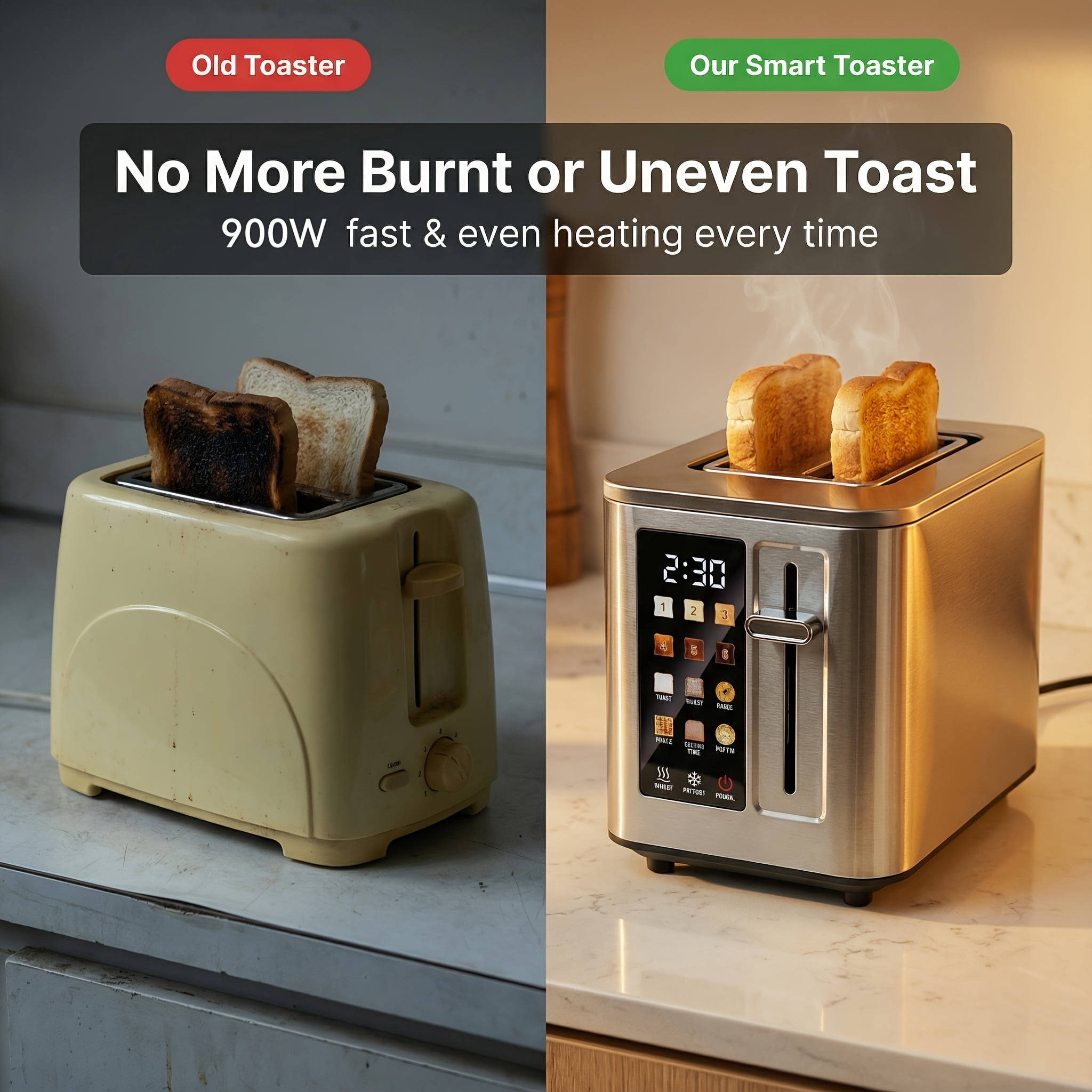 2-Slice Digital Touchscreen Toaster, 6 Bread Types & Toasting Levels, Widened Slots, Removable Crumb Tray, Compact & Easy-Clean