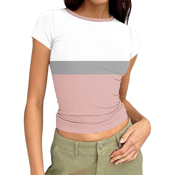 Jalioing Women's Crop Tops Fashion Color Block Short Sleeve Crew Neck Slim Shirts Ribbed Knit Summer Trendy T Shirt