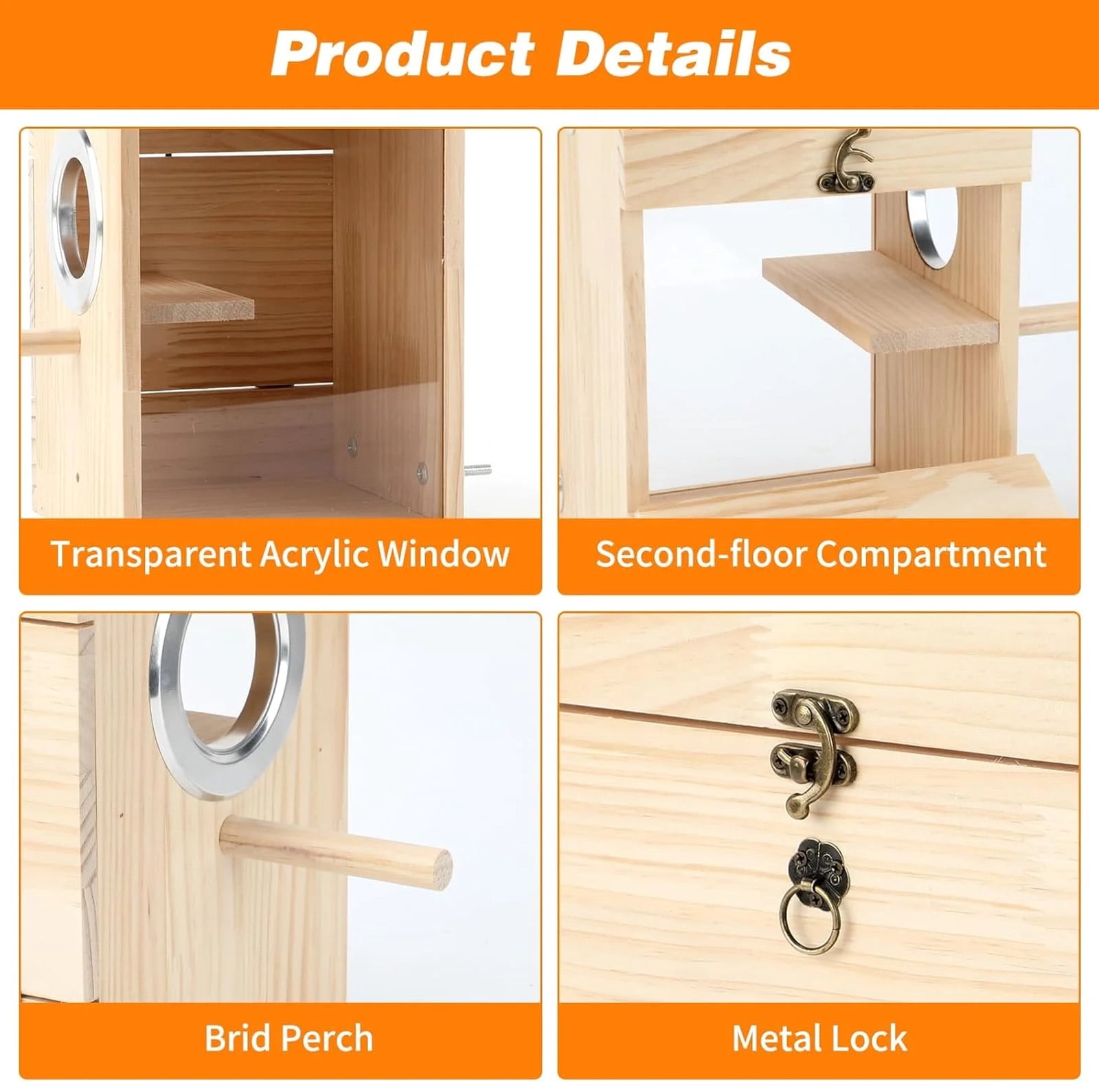 Wooden Bird Nesting Box, Parakeet Breeding Box with Transparent Viewing Window, Bird House for Cage for Budgie, Lovebird, Finch, Cockatiel, Pet Bird Supplies D