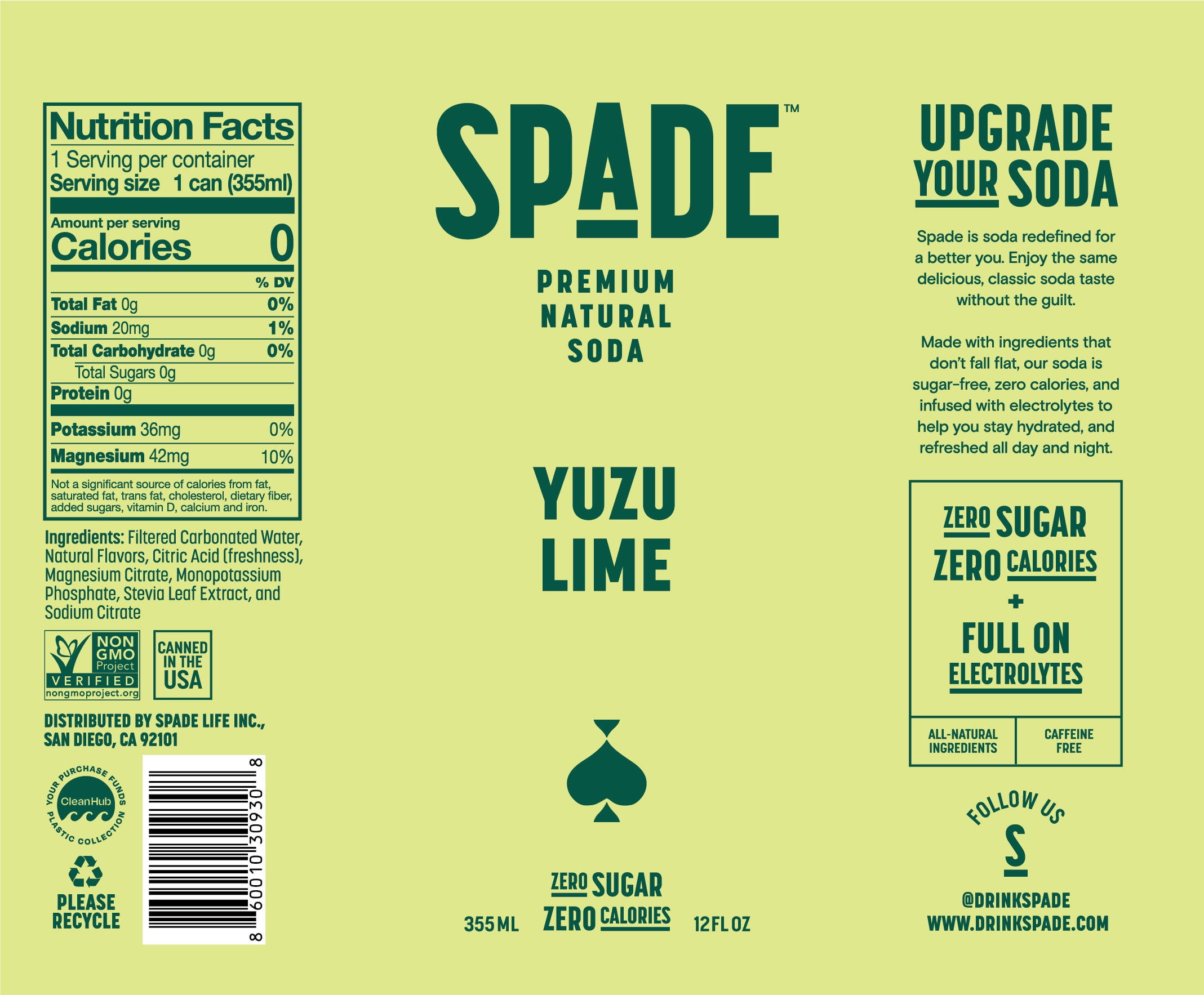 Spade Yuzu Lime Soda - Premium All-Natural, 0 Sugar, 0 Calorie, Electrolyte, Healthy Non GMO