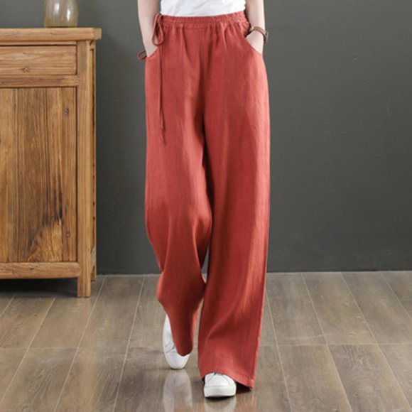 Fartey Womens Plus Size Cotton Linen Palazzo Pants Drawstring Summer Breathable Beach Holiday Pants Elastic Waist Casual Wide Leg Trousers with Pockets