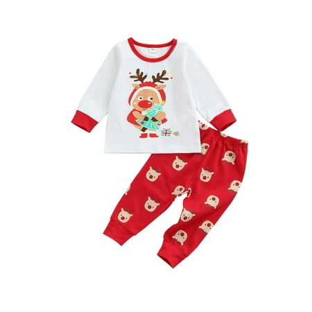 

Spring hue 2Pcs Christmas Pajama Set Infant Baby Girl Boys Cartoon Deer Long Sleeve T-Shirt Long Pants Clothes