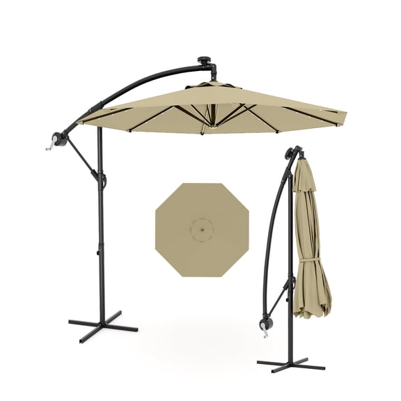 10FT Solar LED Offset Patio Umbrella, Cantilever Outdoor Umbrella with Tilt & Easy Lift System, 8 Ribs & UV Protection for Backyard Pool Garden – Beige