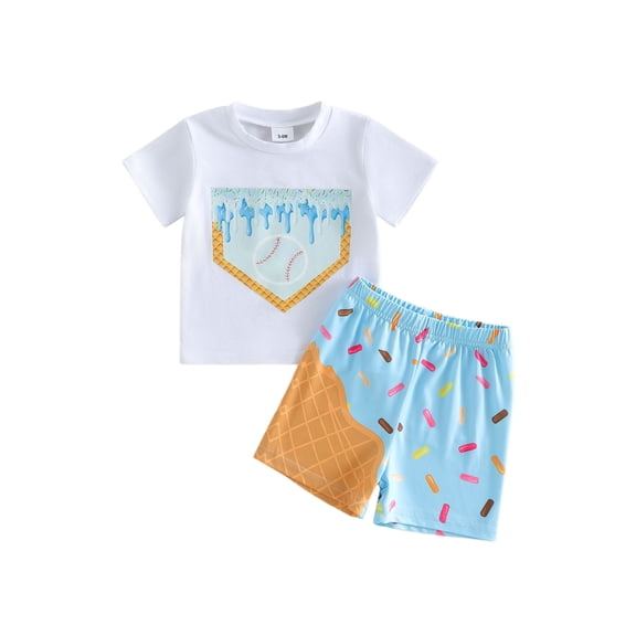AceBaby Toddler Baby Boys Summer Clothes Set 3M-3T Ice Cream Baseball Print Short Sleeve T-Shirts and Shorts 2Pcs Outfits