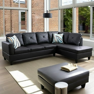 Hommoo Living Room Furniture Sets, Faux Leather Modern Sectional Sofa, L Shaped 4-Seat Couch Sofa for Home, Apartment, Dorm, Black(No Ottoman)