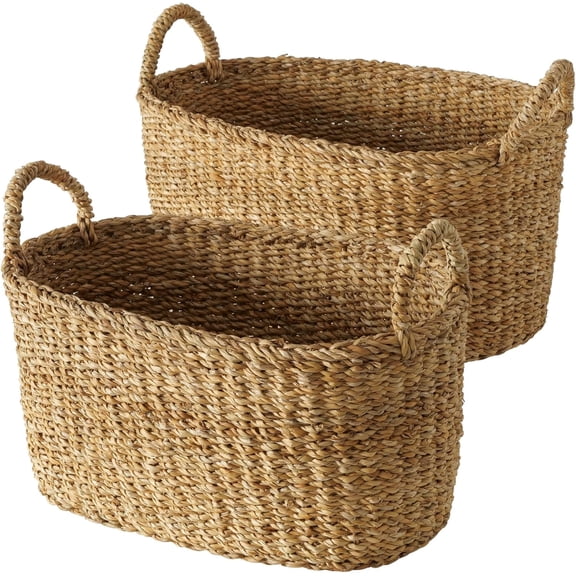 Wicker Baskets, Set of 2 Ovals, Handwoven, Chunky Sweater Weave, 19 and 16.5 Inches