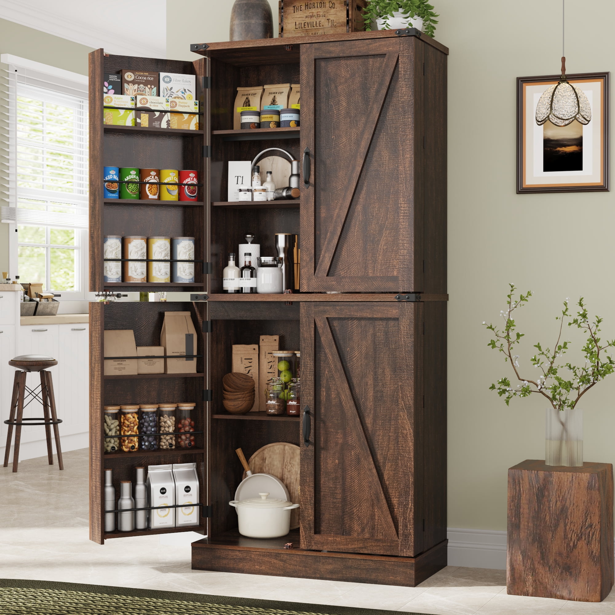 ChVans Farmhouse 71" Tall Kitchen Pantry with 12 Hanging Shelves, 4 Barn Doors Pantry Storage Cabinet with Load-Bearing Steel Pipe and Adjustable Shelves for Kitchen, Dining Room, Living Room, Brown