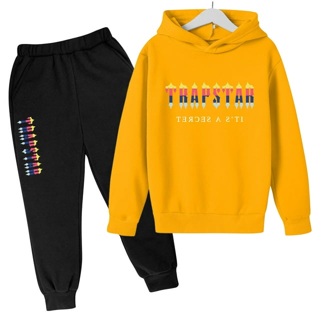 Trapstar Ensembles de Chandails à Capuchon pour Enfants Manches Longues Chandails Graphiques pour Garçons Filles Chandails Amples de Rue Trapstar Chandails + Pantalons de Survêtement Ensemble de 2 Chandails Classiques (Jaune, 140)
