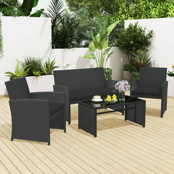 Gymax Set of 4 Patio Conversation Set w/Seat Cushions & Tempered Glass Tabletop Porch Outdoor