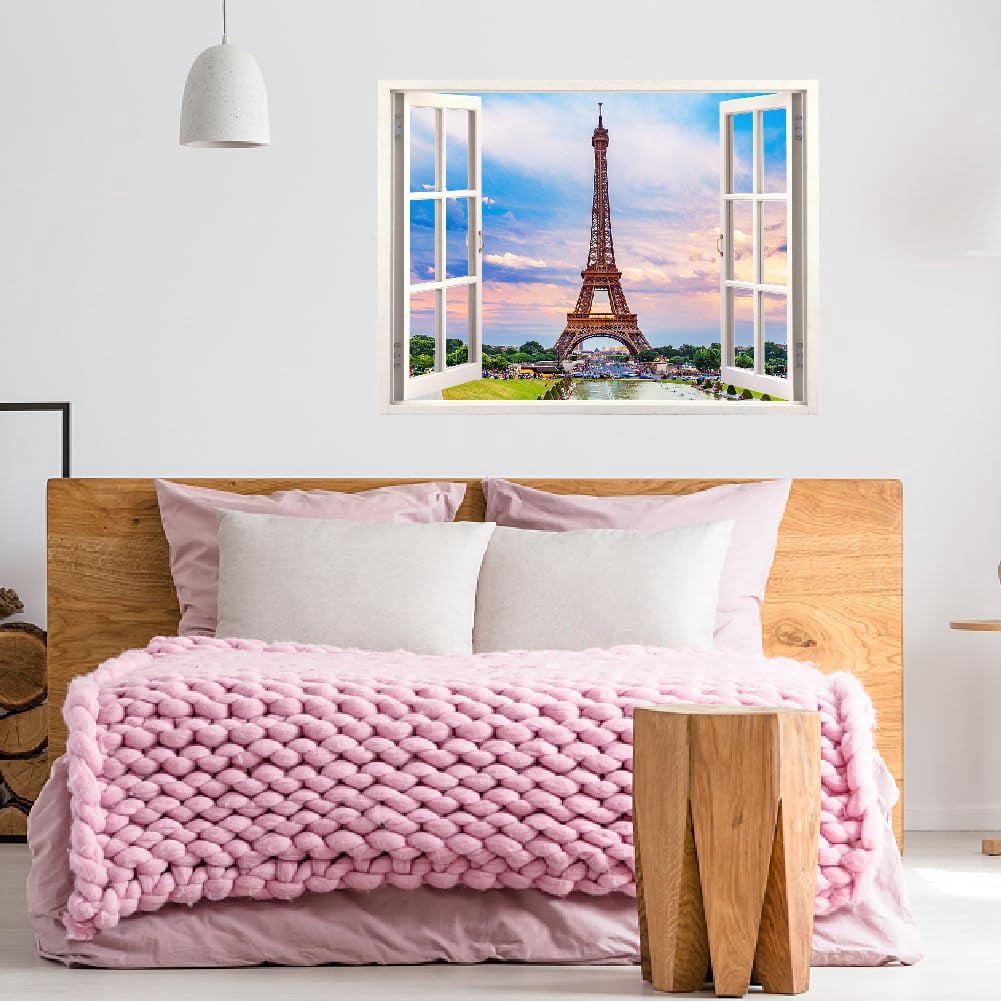 Colorful Eif-fel Tower Wall Decals 3D Window View Wall Sticker Window View Nature Photography Wall Art Vinyl Stickers for Living Room Bedroom Office