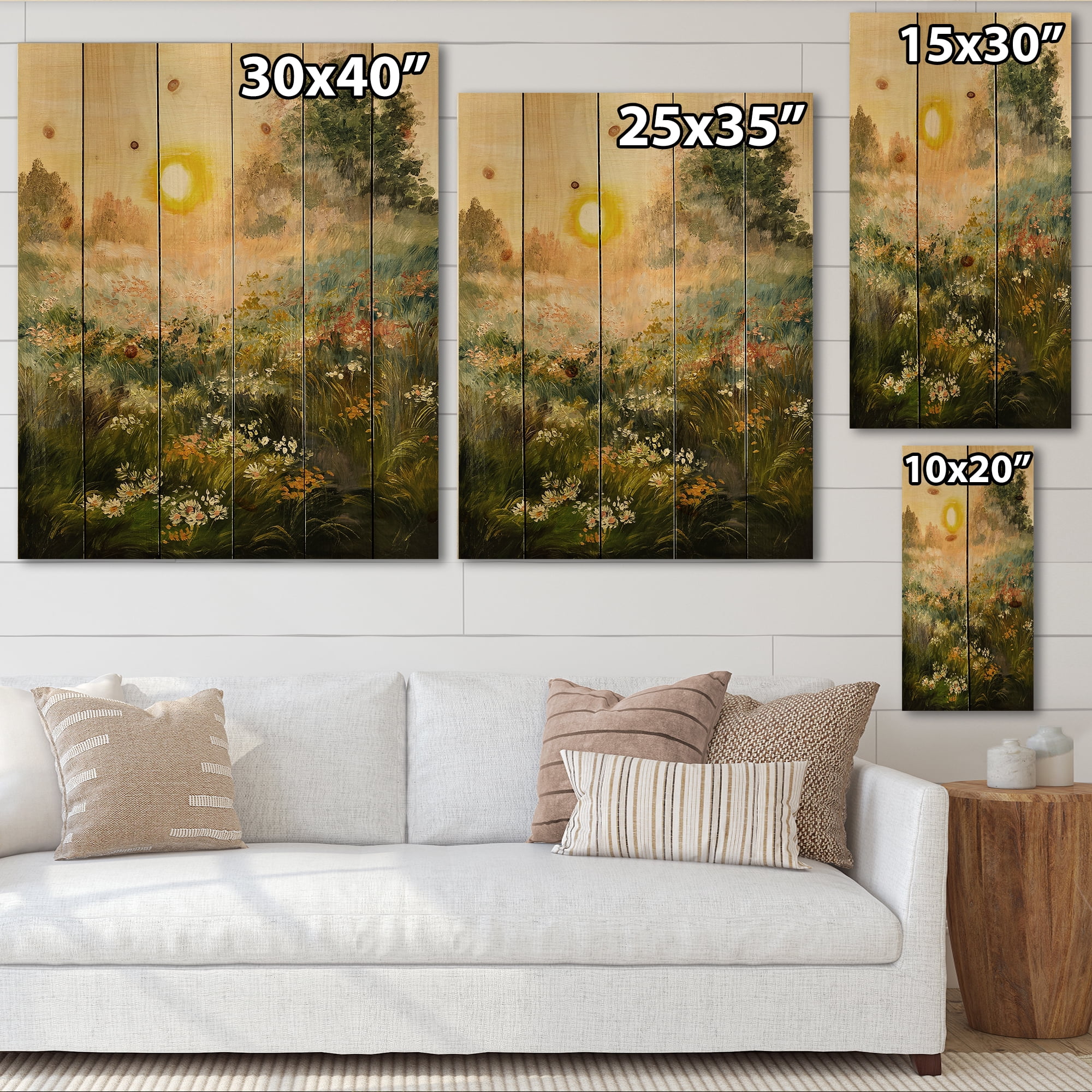 Designart 'The Blossoming Field With Sunrise' Farmhouse Print on Natural Pine Wood