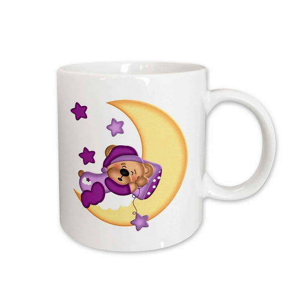 3drose, Cute Bear in Purple Pajamas Sleeping on the Moon Illustration, 11oz Mug