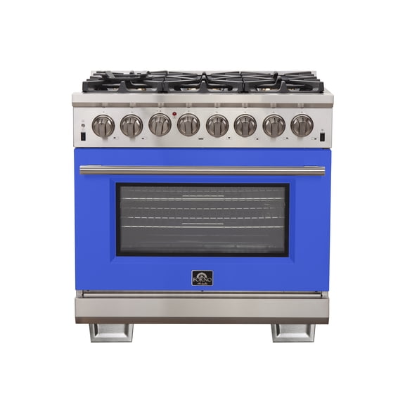 Forno Capriasca 36-Inch Freestanding Dual Fuel Range, 6 Burners, True Convection Oven, Blue Door