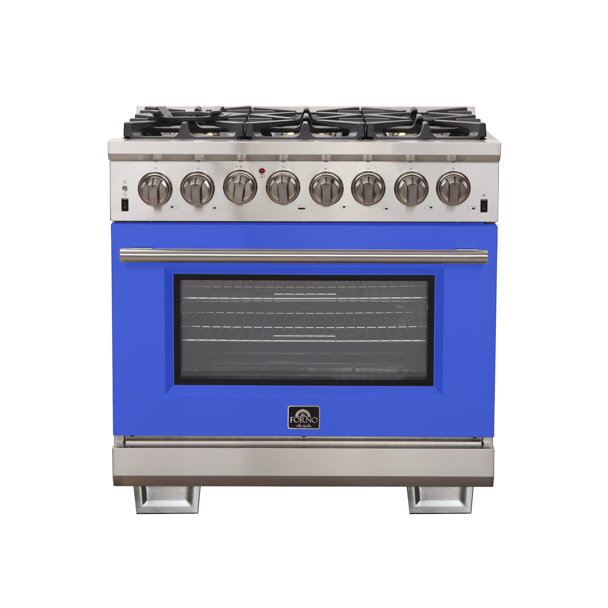 Forno Capriasca 36-Inch Freestanding Dual Fuel Range, 6 Burners, True Convection Oven, Blue Door