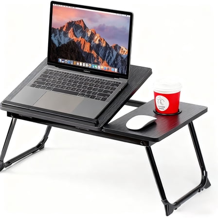 Laptop Desk for Bed Couch, Adjustable Foldable Bed Table with Cup Holder, Breakfast Serving Tray, Portable Laptop Lap Desk Stand for Working Reading Writing Eating Gaming in Bed Sofa Floor (Black)