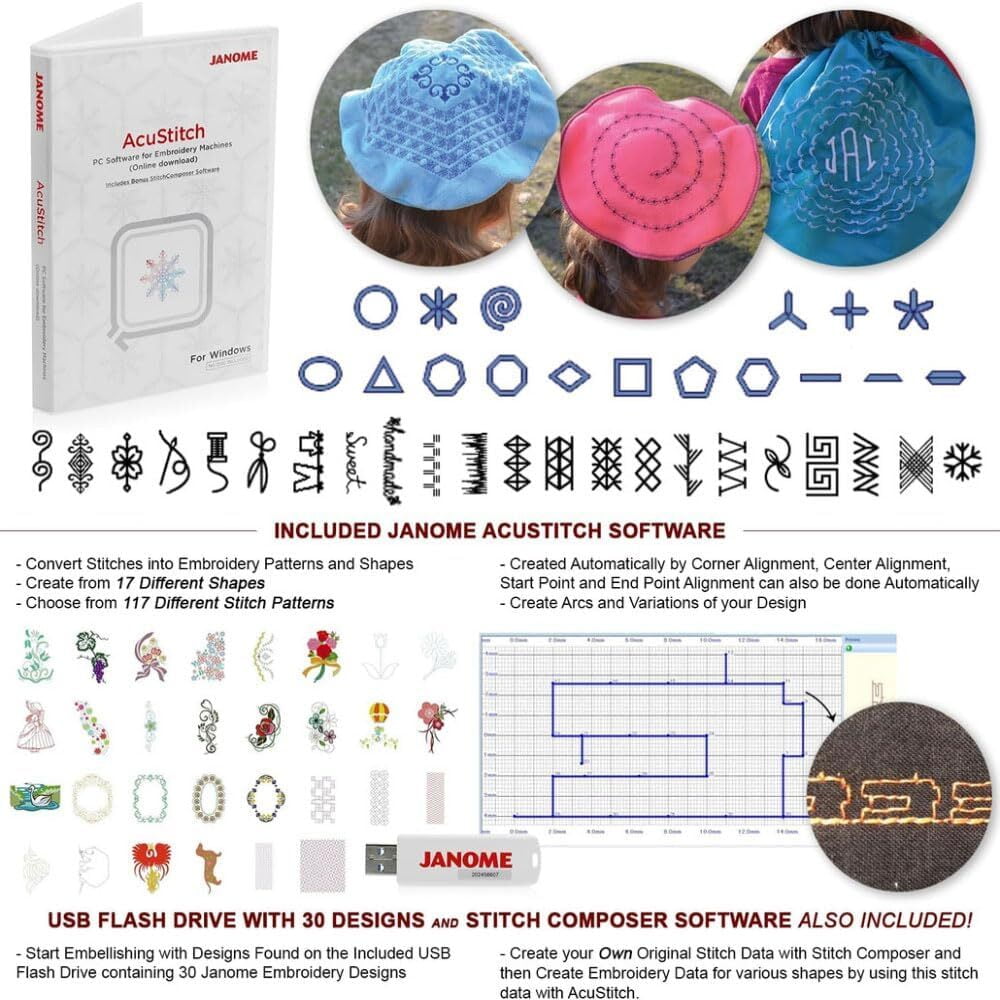 Janome Memory Craft 550e LE Embroidery Machine Bundle - Includes Genuine 5-Spool Thread Stand + Janome RE10B 3.9" x 1.6" Embroidery Hoop
