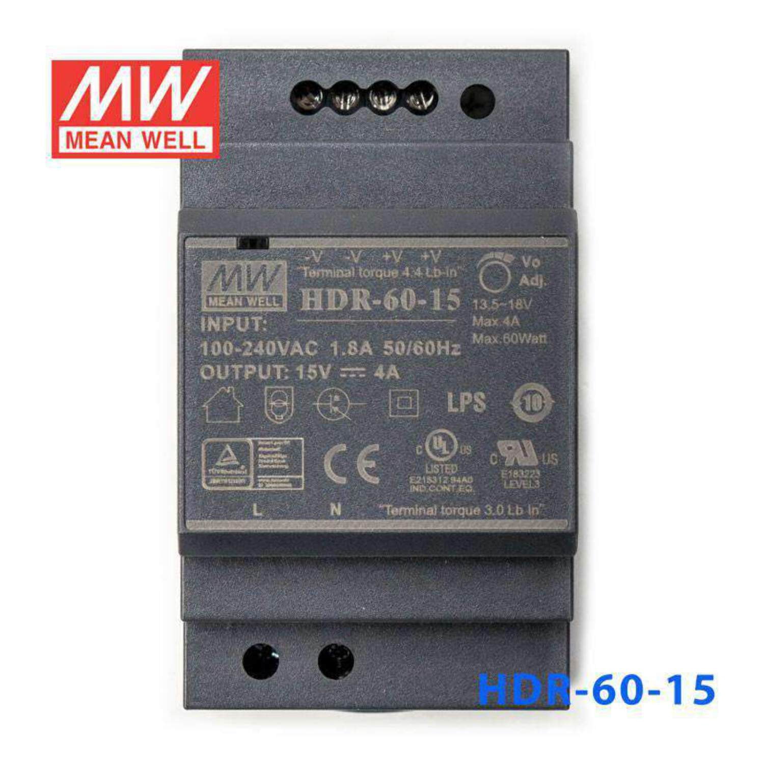 Mean Well HDR-60-15 Ultra Slim Step Shape Power Supply 60W 15V - DIN Rail