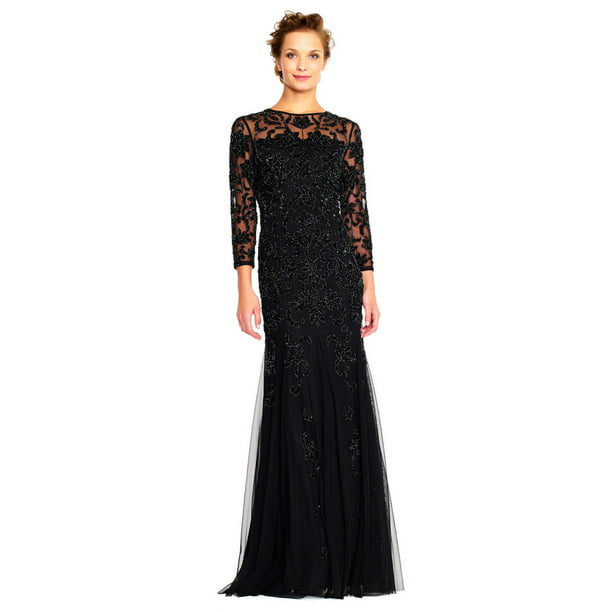 Adrianna Papell Sheer 3/4 Sleeve Beaded Gown with Godet Skirt, Black, 2 -  Walmart.com