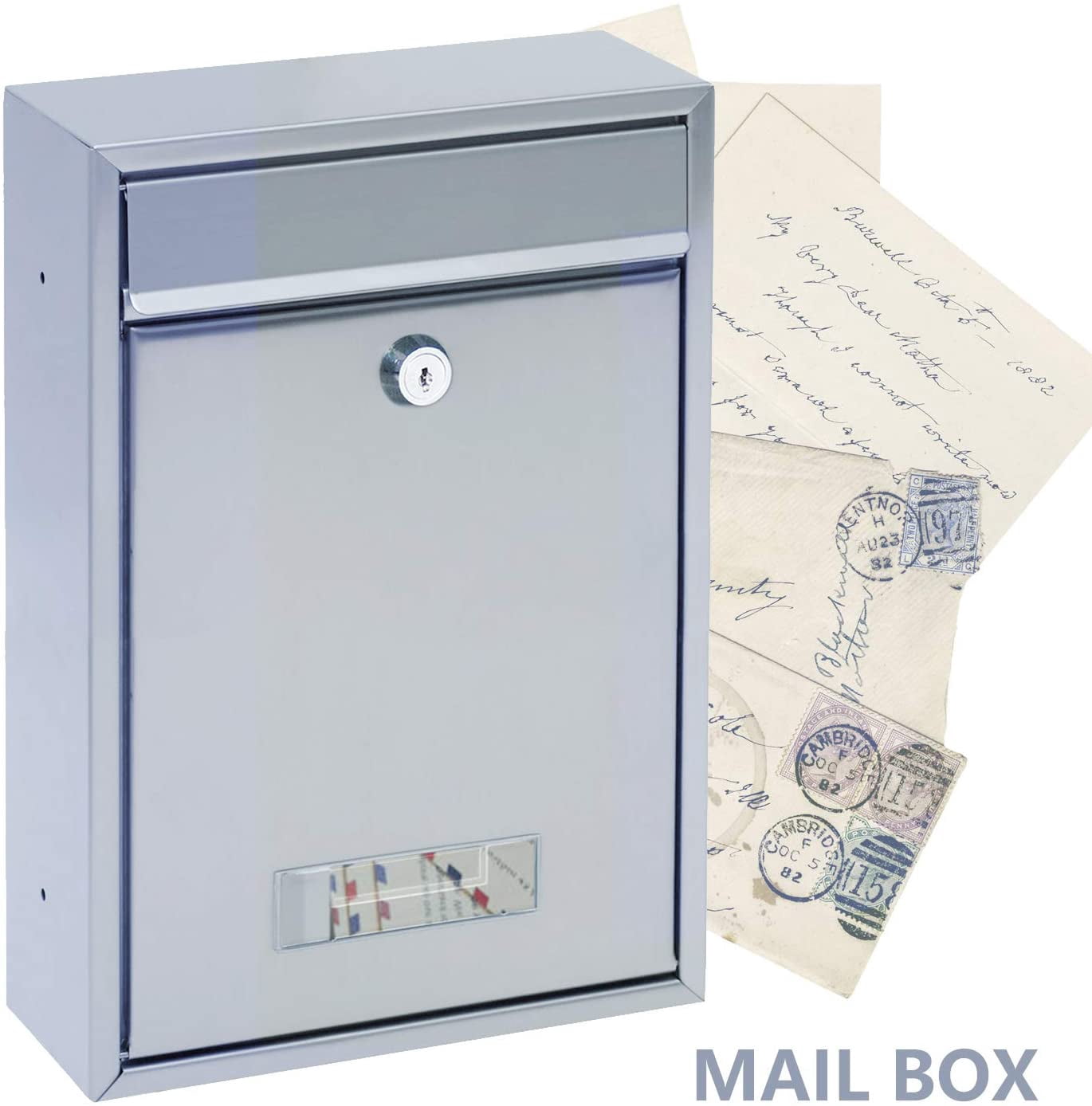 Metel Mail Boxes, Wall Mount Mailbox Square Metal Newspaper Inbox Lockable Large Capacity Mailbox with 2 Keys Silver (8.38“ * 3.35” * 12.59“)