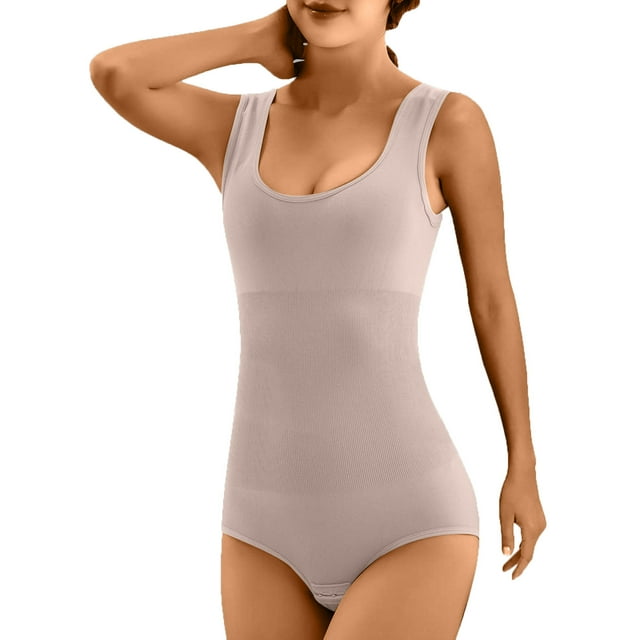 aidice Summer Bodysuits for Women U Neck Sleeveless Skinny Stretch Belly Control Solid Color Jumpsuits