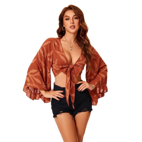 Women's Floral Print Boho Blouse - Deep V-Neck, Ruffled Crop Top with Bow Tie & Bell Sleeves