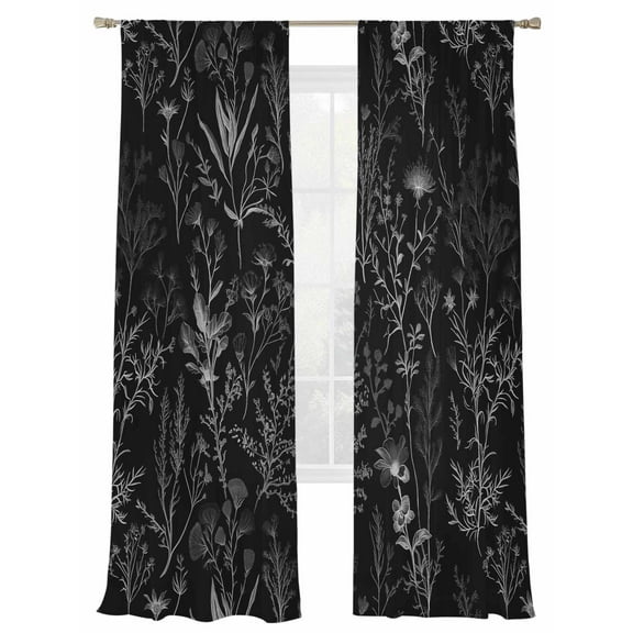 Flower Black Sheer Curtains 96 Inch Length 2 Panels Set, Semi Transparent Voile Rod Pocket Curtains for Living Dining Room Bedroom Drapes Fall Winter Floral Leaves Spring Botanical