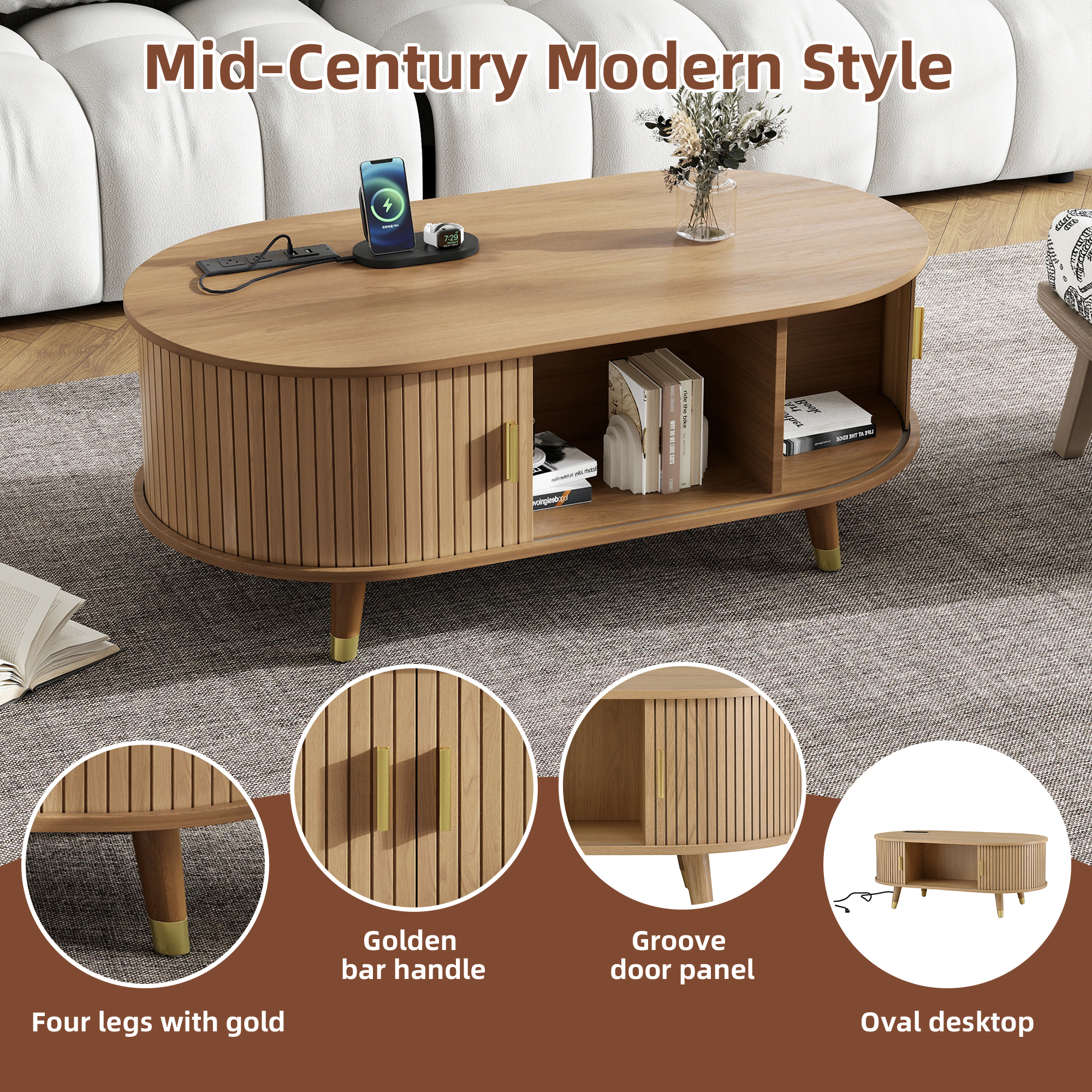 Euroco 42.5"W Wooden Oval Fluted Coffee Table with Charging Station, Mid-Century Center Table with Sliding Tambour Door,Farmhouse Cocktail Table for Living Room, Natural/Teak