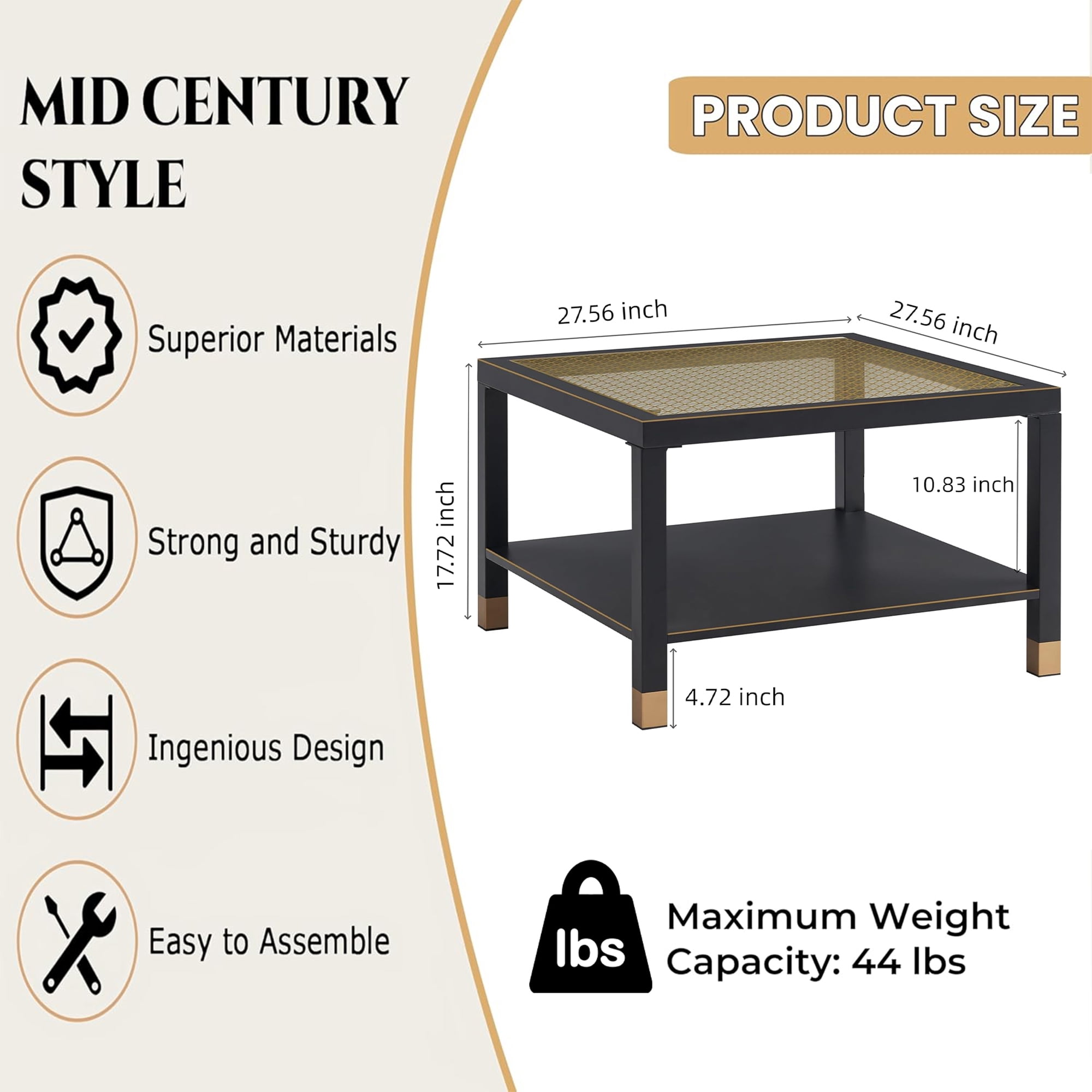Leumius Modern Square Coffee Table, 27.6" Crisp Metal Frame, Luxe Gold Glass Top for Living Room Office Black