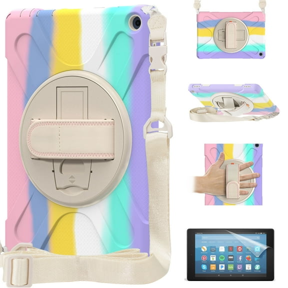 Fire HD 10 2021 Tablet Case with Pen Slot & Screen Protector, Allytech 360 Degree Rotating Kickstand Rugged Case with Hand Shoulder Strap for Kindle Fire HD 10 Plus 11th Gen 2021, Color Pink