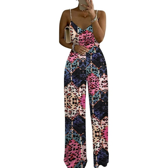 Qiylii Women's Wide Leg Jumpsuit Summer One Piece Pearl Sling Romper Jumpsuits Playsuits with Pockets