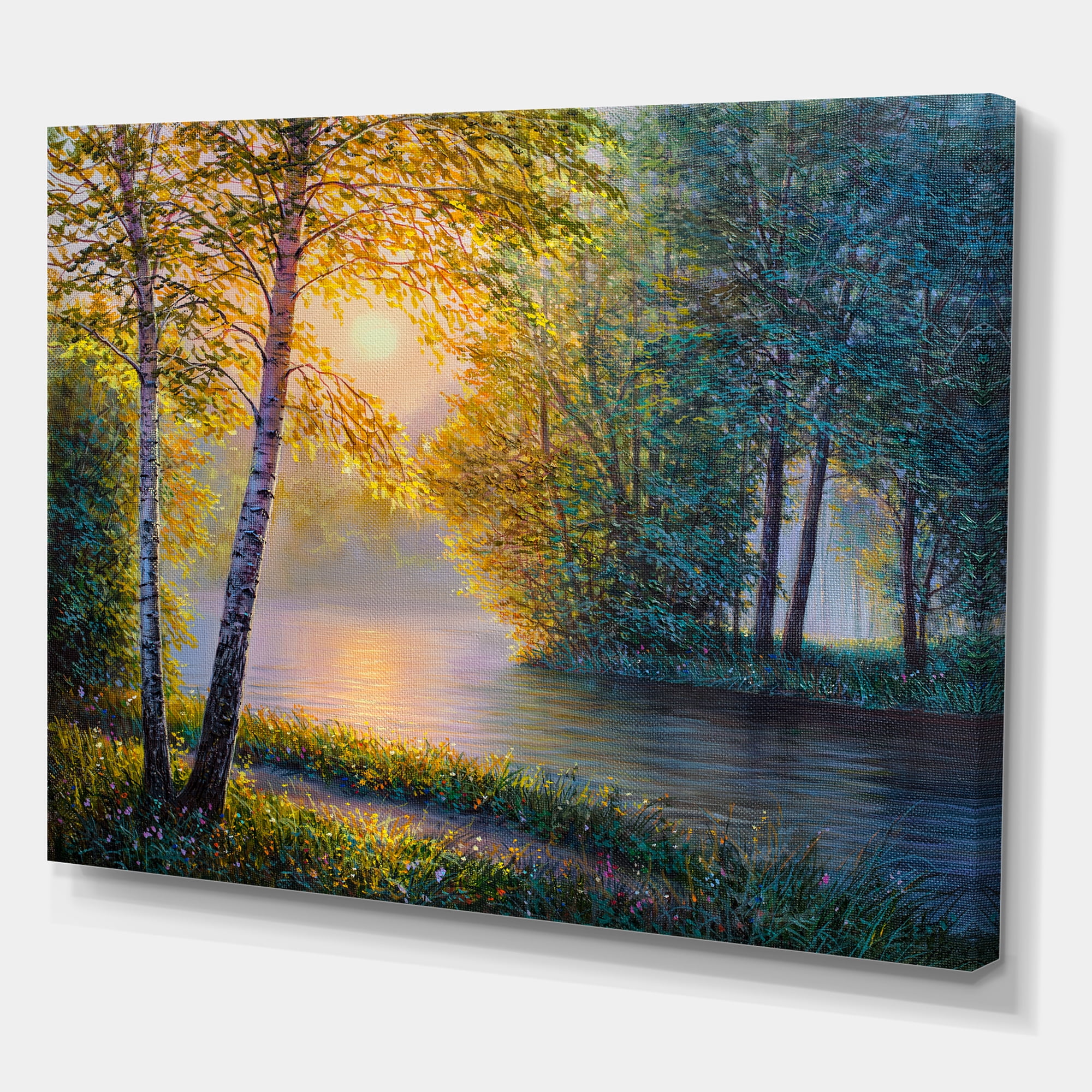 Designart ' Sunrise Summer With Beautiful River Spring Forest ' Lake House Canvas Wall Art Print